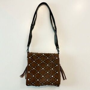 Steve Madden Studded Suede & Canvas Crossbody Bag with Rhinestones and Fringe